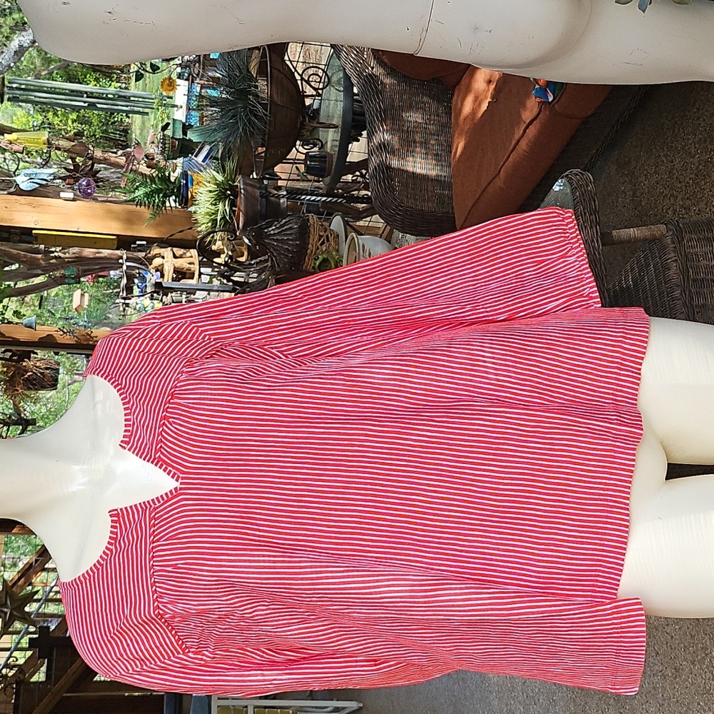 New With Tag LANDS END Red White Striped Soft Cotton Blouse T Shirt Size L 14-16